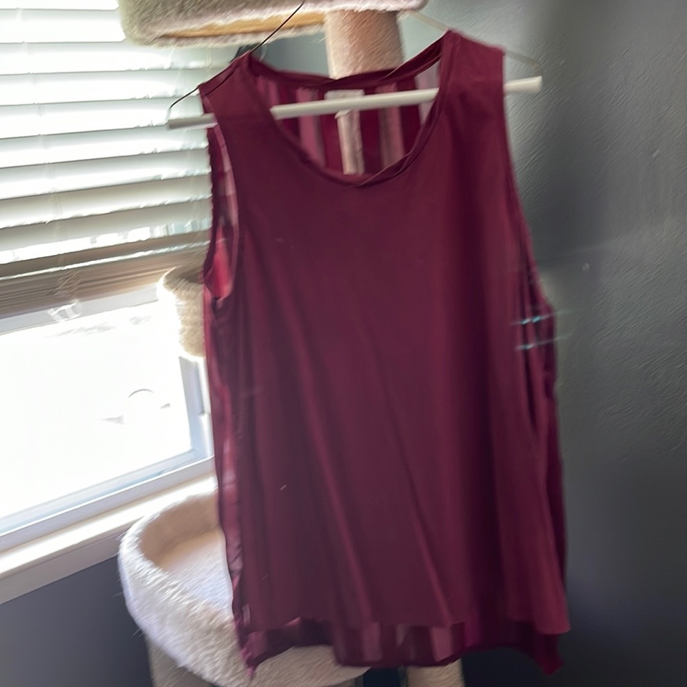 Maroon Tank with stripped sheer back.   Size Large